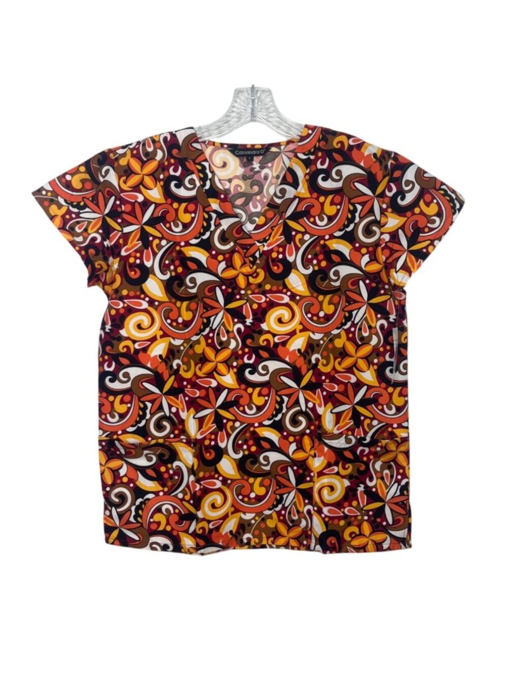 Cassandra O‎ Scrub Shirt Top Womens Small Orange Yellow New Abstract Pattern